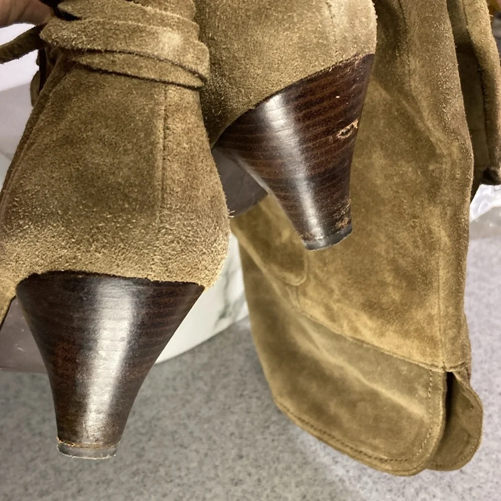 Dark olive/chocolate over the knee boots. With‎ fold over cuff. Size 7.5 B15